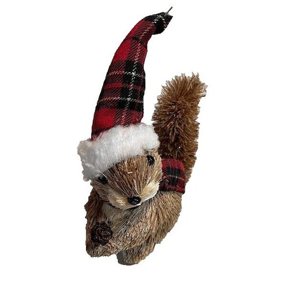 Sisel Bottlebrush Squirrel Plaid Hat & Scarf Christmas Decor Cabincore Wildlife - Picture 2 of 5